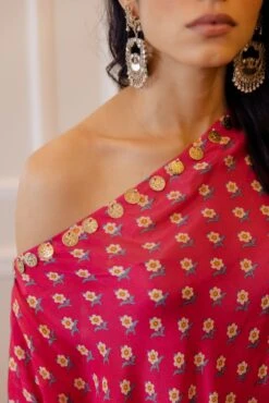 Rani Pink Butti Printed One Shoulder Dress With Pants -Ethereal Styles ph1493 b