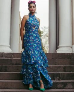 Blue Floral Halter Neck Dress