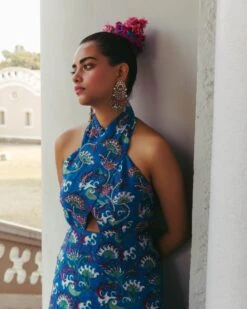 Blue Floral Halter Neck Dress -Ethereal Styles pi33