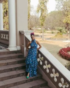 Blue Floral Halter Neck Dress -Ethereal Styles pi34