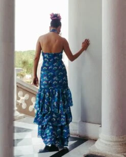 Blue Floral Halter Neck Dress -Ethereal Styles pi3b