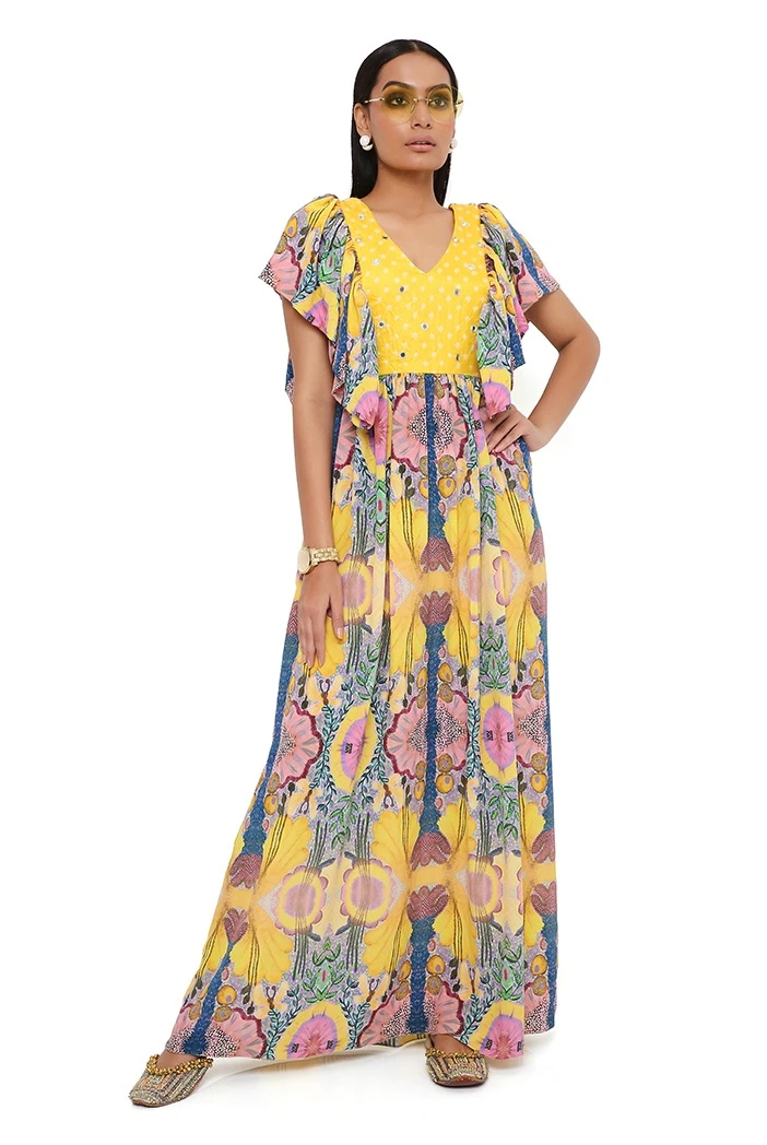 Yellow Enchanted Print Crepe Dress With Bandhani Embroidered Yoke 3 Yellow Enchanted Print Crepe Dress With Bandhani Embroidered Yoke