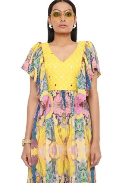 Yellow Enchanted Print Crepe Dress With Bandhani Embroidered Yoke 9 Yellow Enchanted Print Crepe Dress With Bandhani Embroidered Yoke -Ethereal Styles psdr0034a3