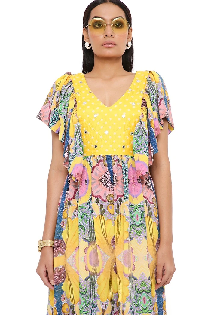 Yellow Enchanted Print Crepe Dress With Bandhani Embroidered Yoke 5 Yellow Enchanted Print Crepe Dress With Bandhani Embroidered Yoke - Image 3