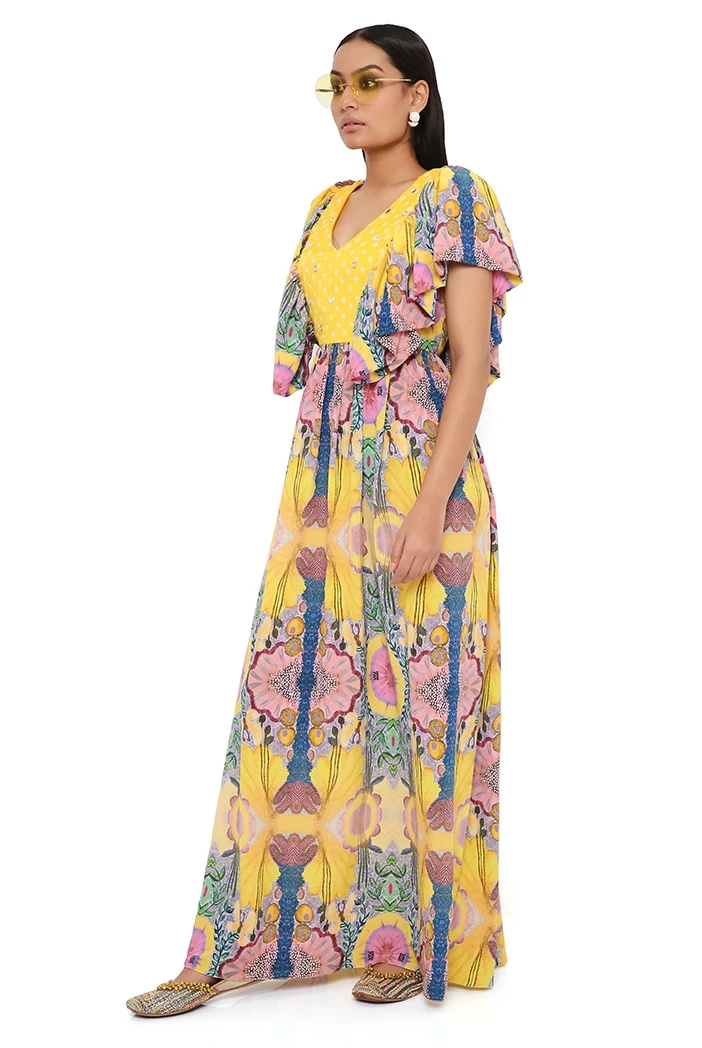 Yellow Enchanted Print Crepe Dress With Bandhani Embroidered Yoke 6 Yellow Enchanted Print Crepe Dress With Bandhani Embroidered Yoke - Image 4