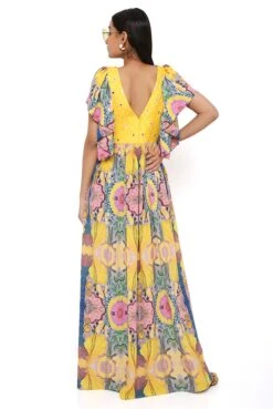 Yellow Enchanted Print Crepe Dress With Bandhani Embroidered Yoke 11 Yellow Enchanted Print Crepe Dress With Bandhani Embroidered Yoke -Ethereal Styles psdr0034ab