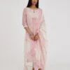 Ikat Design Pink And Off White Hand Block-printed Cotton Chanderi Straight Long Kurta Set Dress -Ethereal Styles pv03a1