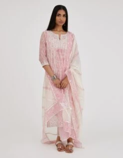 Ikat Design Pink And Off White Hand Block-printed Cotton Chanderi Straight Long Kurta Set Dress