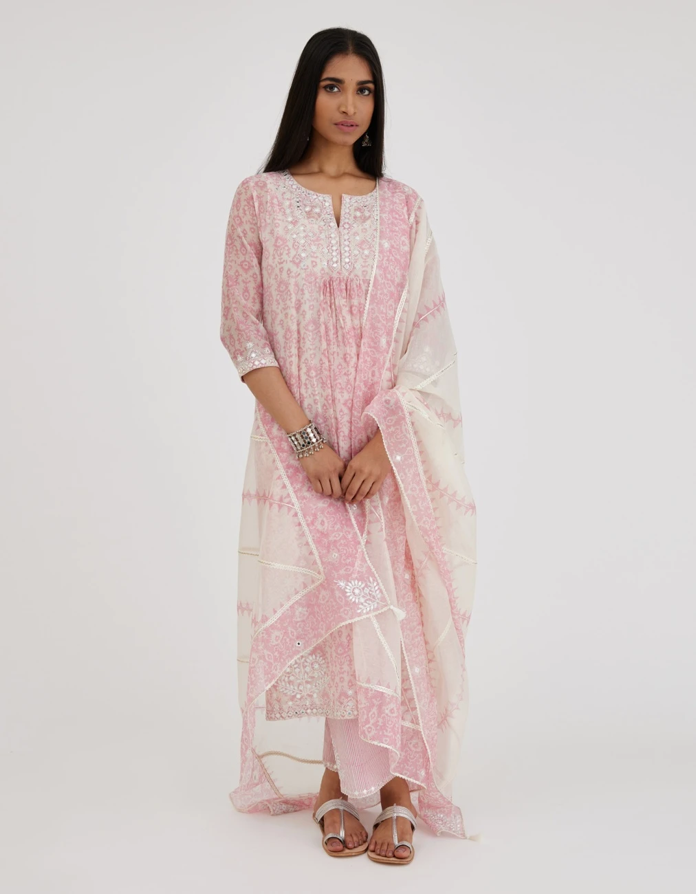 Ikat Design Pink And Off White Hand Block-printed Cotton Chanderi Straight Long Kurta Set Dress 3 Ikat Design Pink And Off White Hand Block-printed Cotton Chanderi Straight Long Kurta Set Dress