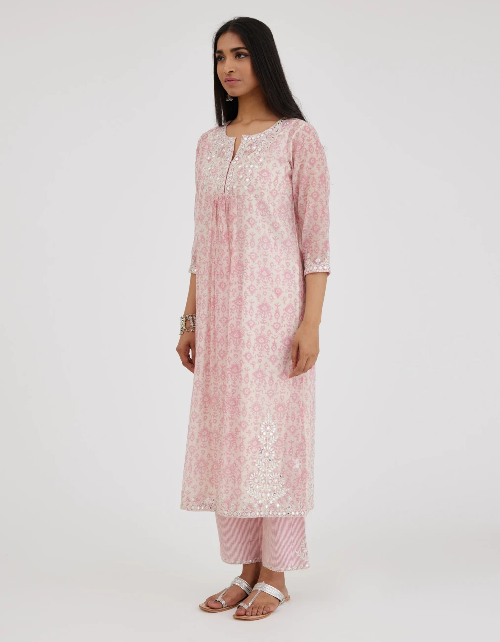 Ikat Design Pink And Off White Hand Block-printed Cotton Chanderi Straight Long Kurta Set Dress 4 Ikat Design Pink And Off White Hand Block-printed Cotton Chanderi Straight Long Kurta Set Dress - Image 2
