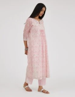 Ikat Design Pink And Off White Hand Block-printed Cotton Chanderi Straight Long Kurta Set Dress 11 Ikat Design Pink And Off White Hand Block-printed Cotton Chanderi Straight Long Kurta Set Dress -Ethereal Styles pv03a3
