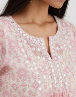 Ikat Design Pink And Off White Hand Block-printed Cotton Chanderi Straight Long Kurta Set Dress 12 Ikat Design Pink And Off White Hand Block-printed Cotton Chanderi Straight Long Kurta Set Dress -Ethereal Styles pv03a4