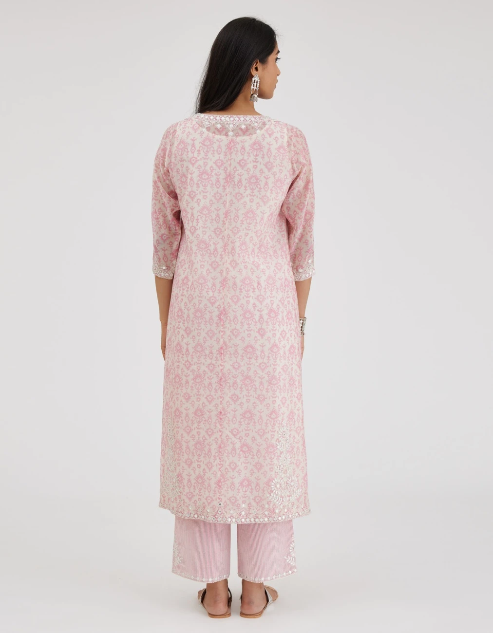 Ikat Design Pink And Off White Hand Block-printed Cotton Chanderi Straight Long Kurta Set Dress 9 Ikat Design Pink And Off White Hand Block-printed Cotton Chanderi Straight Long Kurta Set Dress - Image 7