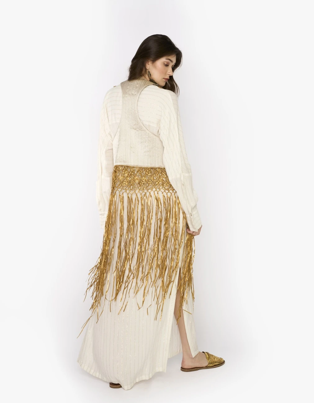 The Lurex Striped Hamsa Yoke Long Dress & Hand Woven Quilted Jacket 6 The Lurex Striped Hamsa Yoke Long Dress & Hand Woven Quilted Jacket - Image 4