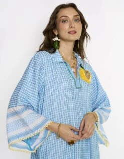 The Woven Checks Long Tent Dress W Embroidered Lemon And Scalloping Details -Ethereal Styles rarasss2023434