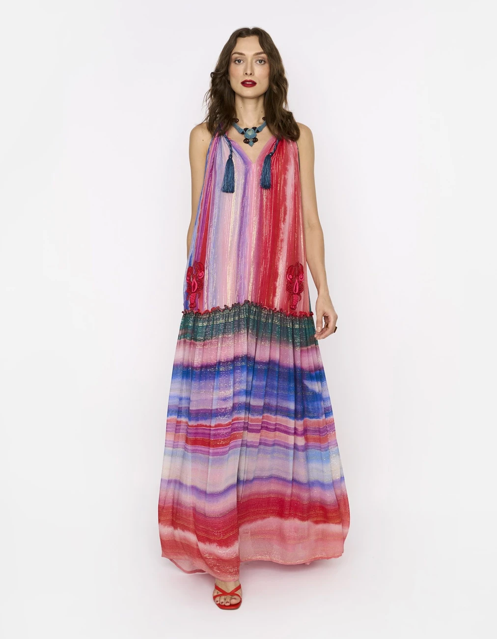 The Rainbow Lurex Long Gathered Dress With Hand Embroidered Lobsters And Cord Detail At Neck 3 The Rainbow Lurex Long Gathered Dress With Hand Embroidered Lobsters And Cord Detail At Neck