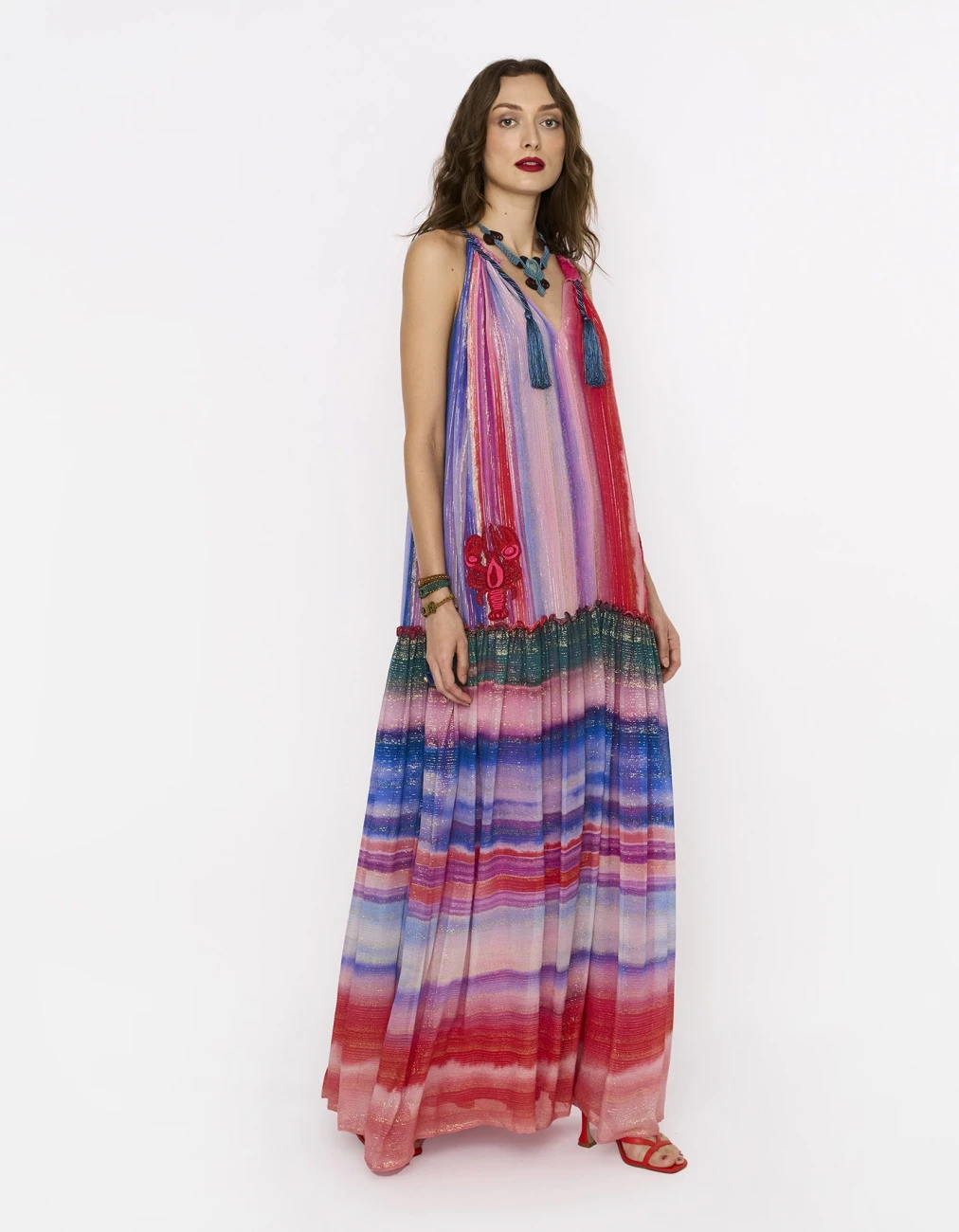 The Rainbow Lurex Long Gathered Dress With Hand Embroidered Lobsters And Cord Detail At Neck 4 The Rainbow Lurex Long Gathered Dress With Hand Embroidered Lobsters And Cord Detail At Neck - Image 2
