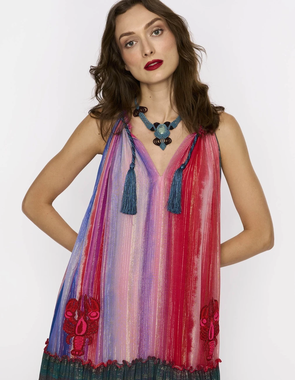 The Rainbow Lurex Long Gathered Dress With Hand Embroidered Lobsters And Cord Detail At Neck 5 The Rainbow Lurex Long Gathered Dress With Hand Embroidered Lobsters And Cord Detail At Neck - Image 3