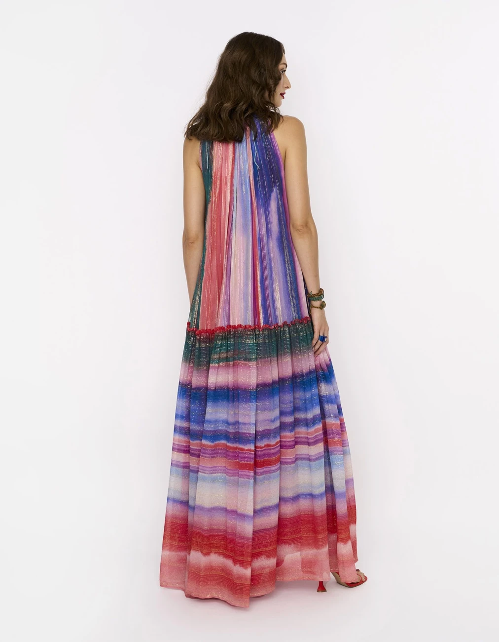The Rainbow Lurex Long Gathered Dress With Hand Embroidered Lobsters And Cord Detail At Neck 6 The Rainbow Lurex Long Gathered Dress With Hand Embroidered Lobsters And Cord Detail At Neck - Image 4