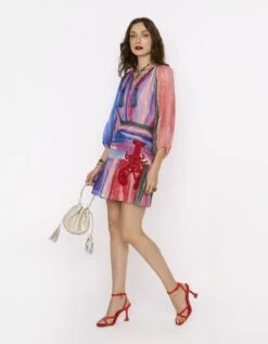 The Rainbow Lurex Pleated Waist Yoke Dress W Hand Embroidered Lobsters & Tassel Detail At The Neck -Ethereal Styles rarasss2023712