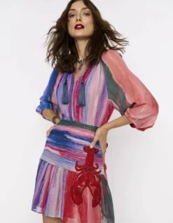 The Rainbow Lurex Pleated Waist Yoke Dress W Hand Embroidered Lobsters & Tassel Detail At The Neck -Ethereal Styles rarasss2023713