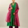 Grass Green Hand Crushed Silk Kurta Set Dress With A V Neck Embroidered Yoke And Panels -Ethereal Styles rv161