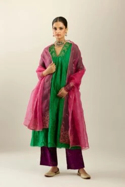 Grass Green Hand Crushed Silk Kurta Set Dress With A V Neck Embroidered Yoke And Panels