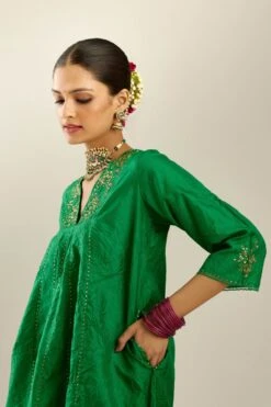Grass Green Hand Crushed Silk Kurta Set Dress With A V Neck Embroidered Yoke And Panels 12 Grass Green Hand Crushed Silk Kurta Set Dress With A V Neck Embroidered Yoke And Panels -Ethereal Styles rv164