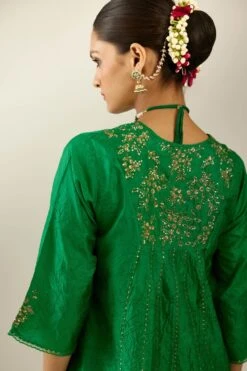 Grass Green Hand Crushed Silk Kurta Set Dress With A V Neck Embroidered Yoke And Panels 14 Grass Green Hand Crushed Silk Kurta Set Dress With A V Neck Embroidered Yoke And Panels -Ethereal Styles rv166