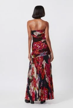 Black With Multicolor Abstract Floral Print Hand Micro Pleated Strapless Dress -Ethereal Styles s3001mrb