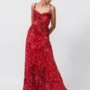 Red Abstract Floral Print Hand Micro Pleated Maxi Dress With Adjustable Straps -Ethereal Styles s3029mr1