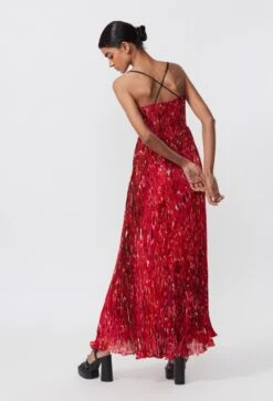 Red Abstract Floral Print Hand Micro Pleated Maxi Dress With Adjustable Straps -Ethereal Styles s3029mrb