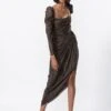Black Satin Corset Style Asymmetric Drape Dress With Puff Sleeves 1 Black Satin Corset Style Asymmetric Drape Dress With Puff Sleeves -Ethereal Styles s3062mr1