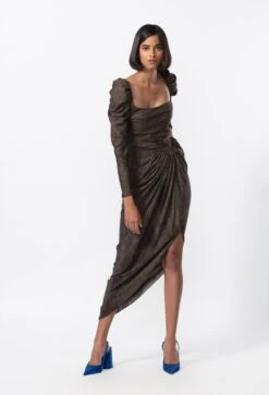 Black Satin Corset Style Asymmetric Drape Dress With Puff Sleeves