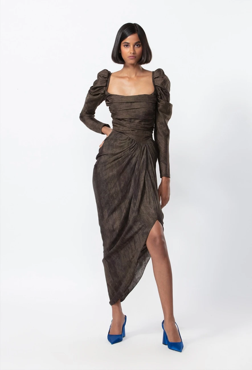 Black Satin Corset Style Asymmetric Drape Dress With Puff Sleeves 4 Black Satin Corset Style Asymmetric Drape Dress With Puff Sleeves - Image 2