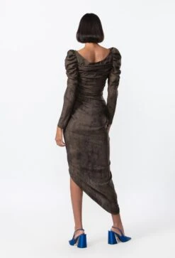 Black Satin Corset Style Asymmetric Drape Dress With Puff Sleeves 7 Black Satin Corset Style Asymmetric Drape Dress With Puff Sleeves -Ethereal Styles s3062mrb