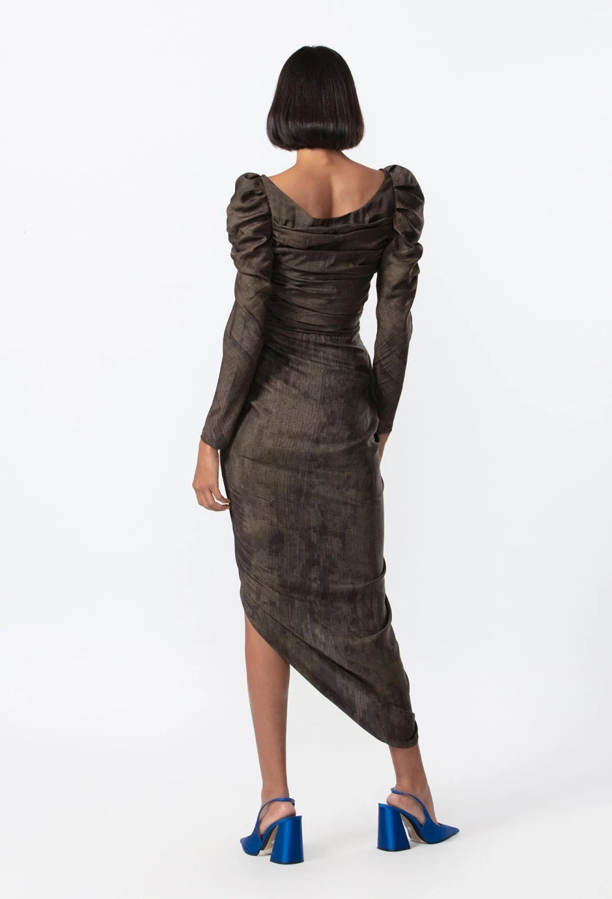 Black Satin Corset Style Asymmetric Drape Dress With Puff Sleeves 5 Black Satin Corset Style Asymmetric Drape Dress With Puff Sleeves - Image 3