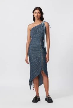 Blue Hand Micro Pleated Denim Sari Style Dress With Zipper Detailing