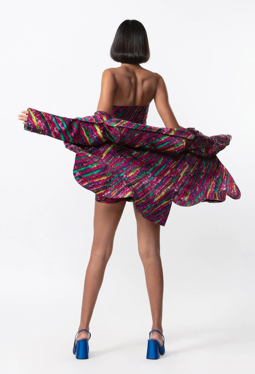 Purple Chiffon Abstract Leheriya Strapless Mini Dress With Hand Pleats 4 Purple Chiffon Abstract Leheriya Strapless Mini Dress With Hand Pleats - Image 2