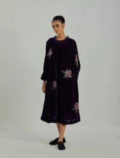Purple Welington Collar Silk Velvet Dress