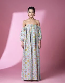 Aqua Geometric Print Off Shoulder Dress