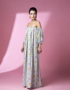 Aqua Geometric Print Off Shoulder Dress -Ethereal Styles sbtsl0063