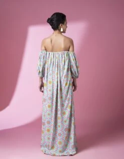 Aqua Geometric Print Off Shoulder Dress -Ethereal Styles sbtsl006b