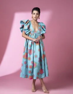 Aqua Geomteric Print Dress -Ethereal Styles sbtsl0093