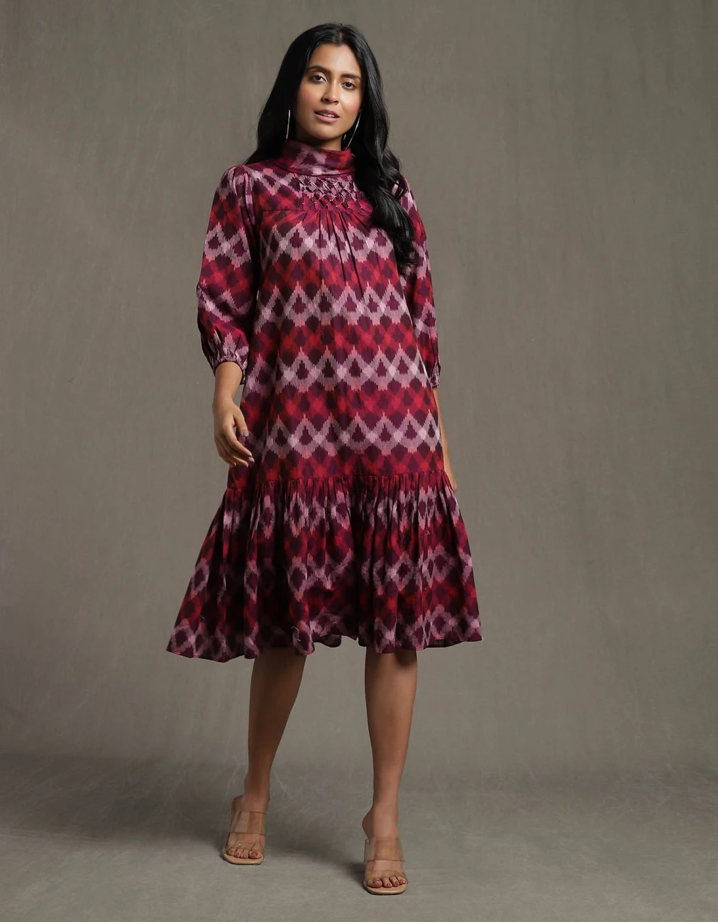 Purple Pleated High Neck Midi Dress With Ruffled Hem 3 Purple Pleated High Neck Midi Dress With Ruffled Hem