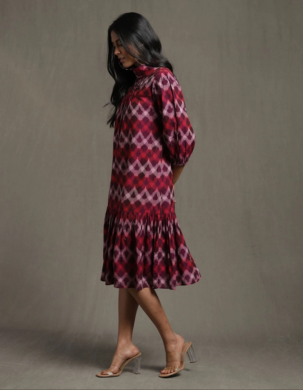 Purple Pleated High Neck Midi Dress With Ruffled Hem 4 Purple Pleated High Neck Midi Dress With Ruffled Hem - Image 2