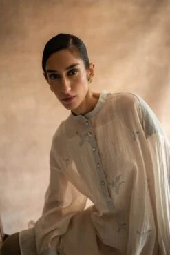 Ivory Hand Block Print Dress In Pin Stripe Chadneri -Ethereal Styles sk19b