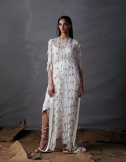 White Silk Draped Dress With Crop Top And Knotted Skirt With Elbow Sleeves