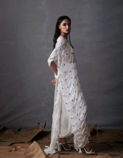 White Silk Draped Dress With Crop Top And Knotted Skirt With Elbow Sleeves -Ethereal Styles sku2053