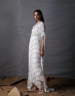 White Silk Draped Dress With Crop Top And Knotted Skirt With Elbow Sleeves -Ethereal Styles sku205b